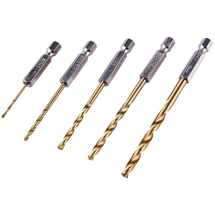 5 Piece 6.25mm (1/4") Titanium coated high speed steel (HSS) drill bit set